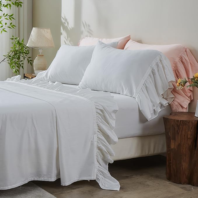 Simple&Opulence 100% Organic Cotton Sheet Set, Long Ruffle Bed Sheets (1 Flat Sheet, 1 Fitted Sheet and 1 Pillowcase) Elegant Shabby Chic Bedding Farmhouse Charming Vintage - White, Twin