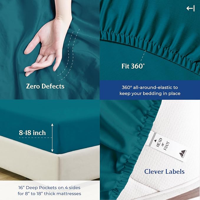 Mayfair Linen 100% Organic Cotton Sheets Queen Size - 4 PC Organic Cotton Queen Size Percale Weave Sheet Set, Soft, Cooling, Crisp & Breathable, 16" Deep Pocket Hotel Quality Bedding Set - Teal