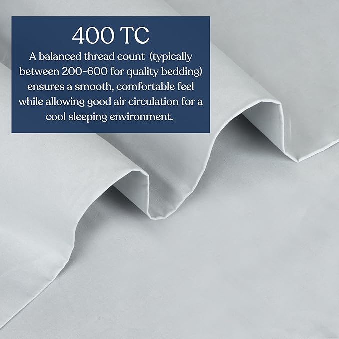 GOTS Certified 100% Organic Cotton Percale 400TC Bedding Bundle, Ultra Soft Silky, Moisture-Wicking, Smooth & Breathable, (Light Blue, Queen - 7 Piece with Sheet Set)