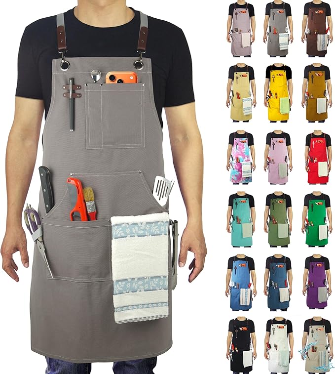 Kitchen Apron, Work Apron, Canvas, Multiple Pockets, Gardening, Painting, BBQ, Artist, Carpenter, Sizes M to XXL, Dark Gray