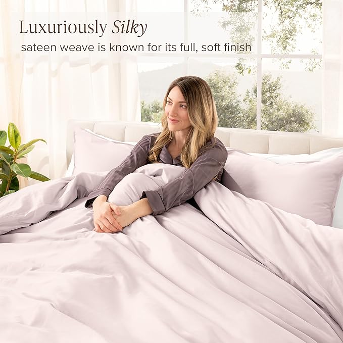 Bare Home 100% Organic Cotton Sateen Duvet Cover Set - Extra Long Size - 400 Thread Count - Smooth Sateen Weave - Warm & Luxurious - Duvet Cover (Twin/Twin XL, Dusty Pink)