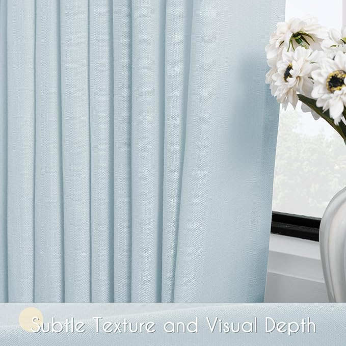 Sky Blue Curtains 90 Inch Length for Bedroom Back Tab Light Filtering Semi Sheer Living Room Curtains Linen Cotton Textured Drapery Panel Aesthetic Decor 52x90
