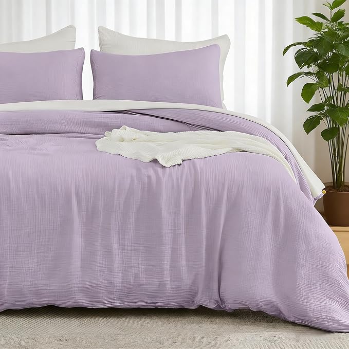 EMME Muslin Cotton Duvet Cover Set Lavender King Size Linen Like Soft Breathable Lightweight Summer Comforter Cover Set with Zipper Closure (Lavender, King, 104"x90")