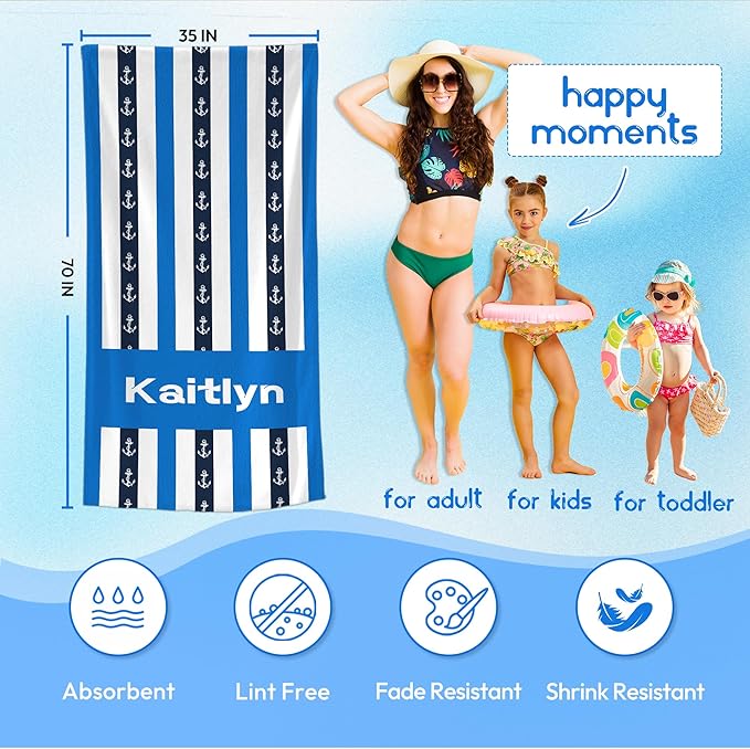 JML Custom Beach Towel with Name, Personalized Microfiber Beach Towel with Name, Large, Soft, Quick Dry & Absorbent for Swim, Pool,Adult,Summer Holiday,Vacation,Travel,Gift for Anniversary, Birthday