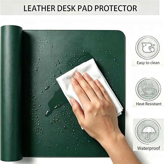 Leather Desk Mat, 25.5"x53" Office Table Pad, Thick Premium Desktop Cover with Stitched Line, Non-Slip Laptop Writing Surface (Dark Green)