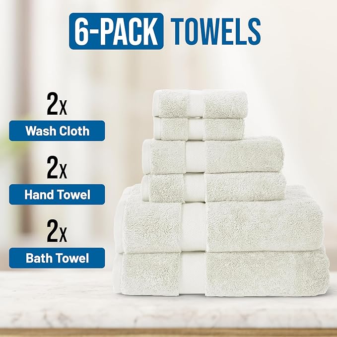 TOWELTIQUE- Organic Cotton Plush Bath Towels Pack of 6 GOTS & Oeko- TEX Certified | Premium Soft, Absorbent & Quick-Drying Towels for Bathroom, Gym, Spa & Hotel Use – Ivory