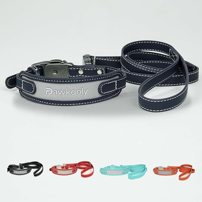 MagEase Dog Collar with 4FT Leash | Adjustable | Anti-Wrinkle, Bite & Stain-Resistant Leather | Soft & Skin-Friendly | 450LB Escape-Proof Magnetic Buckle (Navy Blue, Small)