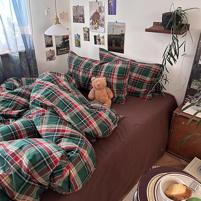 mixinni Vintage Green Buffalo Plaid Washed Cotton Duvet Cover King - Soft Breathable Textured Bedding Set with Zipper Closure for All Seasons-1 Duvet Cover + 2 Pillow Shams-King Size