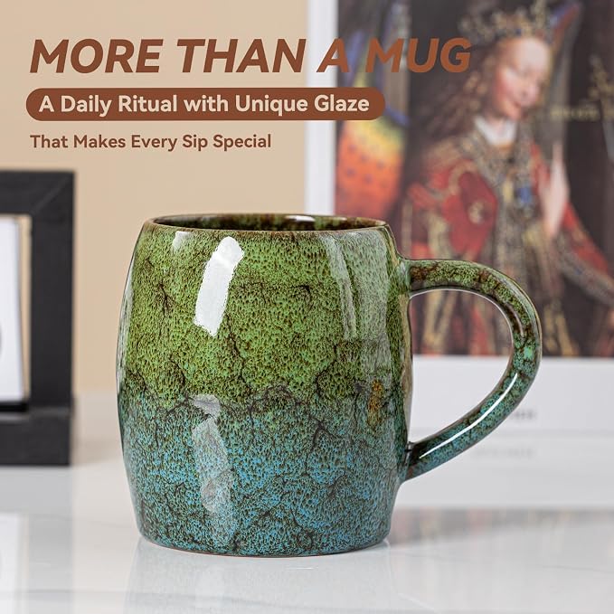 Handmade 22oz Ceramic Coffee Mug, Ergonomic Large Handle, Ideal Gift for Coffee Lovers, Microwave & Dishwasher Safe (Minute-Green&Blue)