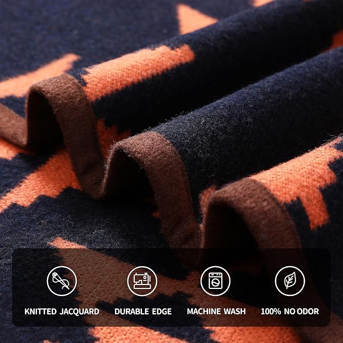 ACUSHLA Merino Wool Blend Blanket - Soft Warm Thick Washable Bed Couch Outdoor Camp Travel Car Blanket Throw All Weather, Morocco Navy Blue 63"x51"