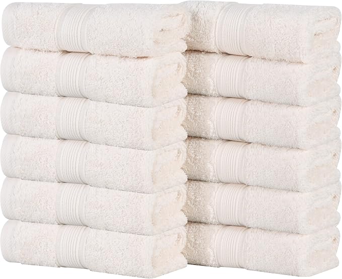 Superior 100% Organic Cotton Face Towel/Washcloth Set of 12, Daily Use for Bathroom, Guest Bath, Quick Dry Small Towels, Face, Hand, Gym, Spa, Hotel, Absorbent, Essentials, Oregon Collection, Ivory