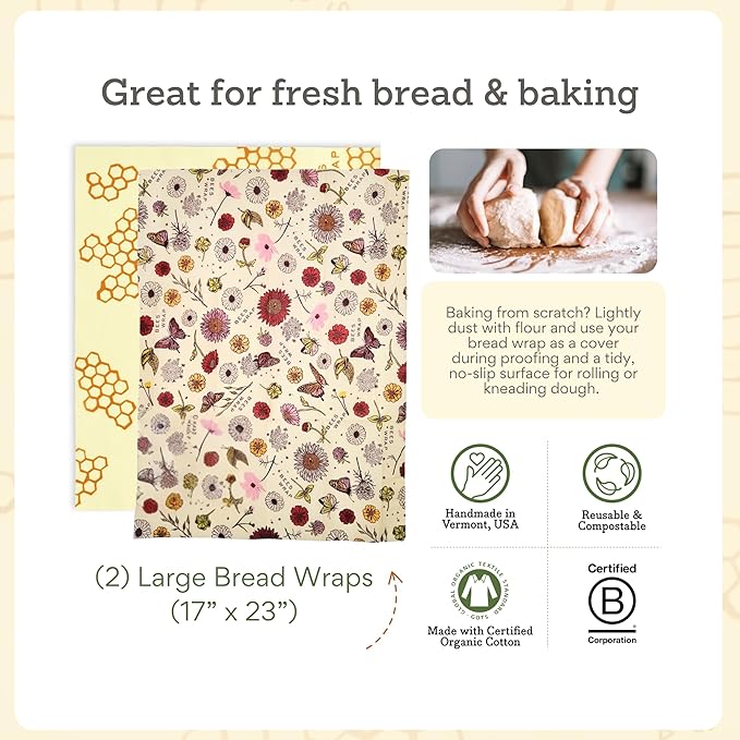 Bee's Wrap Beeswax Wraps for Food - Pack of 2 Bread Wraps - Meadow Magic & Honeycomb - Plastic Free Made in USA Reusable Bread Storage Bags - Organic & Sustainable Sourdough Bags