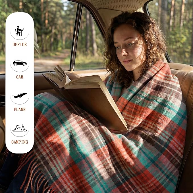 Soft Pure Wool Throw Blanket, Lightweight Warmth, 55"x83", Plaid, Fringe, Compact with Bag, Useful Gift for Women Men, All Season Decorative Cozy Travel Blanket for Couch Bed, Outdoors