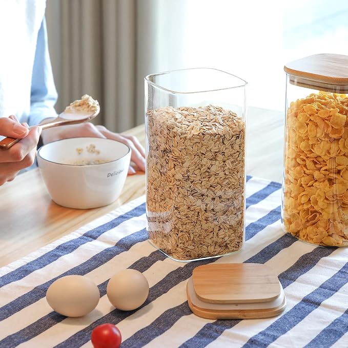ComSaf Airtight Glass Storage Canister with Wood Lid (50oz&37oz), Clear Food Storage Container Jar with Sealing Bamboo Lid for Noodles Flour Cereal Rice Sugar Tea Coffee Beans, Set of 7