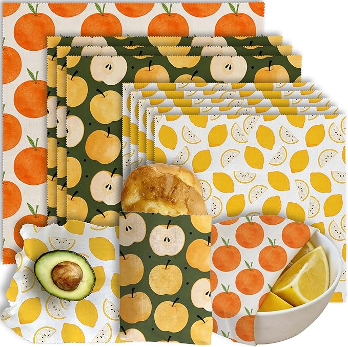 Reusable Beeswax Wraps, 9 Pack Sandwich, Snack, Food Preservation, Organic, Sustainable, Zero Waste, Plastic-Free Storage, 1XL, 3M, 5S, Orange Apple Lemon Fruit Patterns