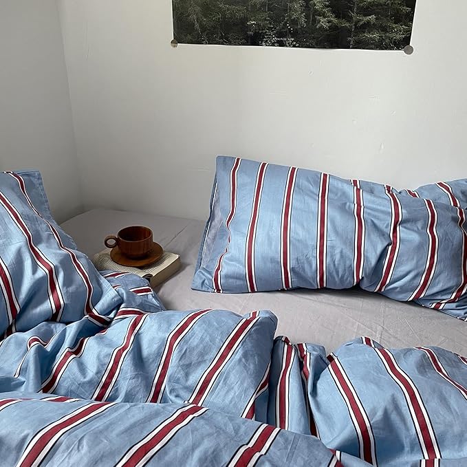 mixinni Vintage Striped Blue Duvet Cover Queen - 100% Cotton Red Stripes 3-Piece Bedding Duvet Cover Set with Zipper Closure, Soft & Breathable Retro Design for All Seasons (Queen Size)