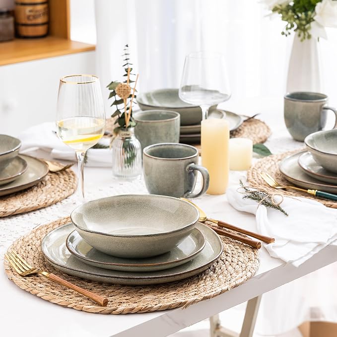 AmorArc Ceramic Dinnerware Sets,Handmade Reactive Glaze Stoneware Plates and Bowls Sets,Highly Scratch Resistant | Dishwasher & Microwave Safe Dishes Set,Service for 6 (18pc)