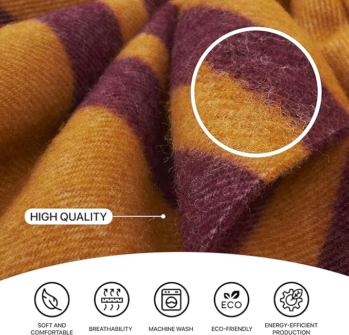 New Zealand Virgin Wool Throw Blanket, Indoor & Outdoor Blankets and Throws, Striped Soft Blanket with Fringes, 55 x 79 in (140 x 200 cm), Mustard Red