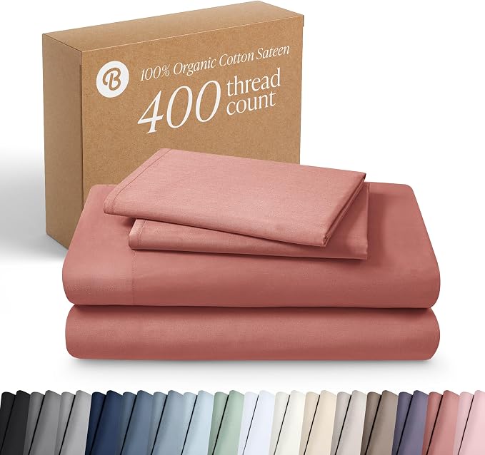 Bare Home 100% Organic Cotton Queen Sheet Set - 400 Thread Count - Smooth Sateen Weave - Breathable & Cooling - Hotel Luxury Set - Deep Pocket Bed Sheets (Queen, Dusty Rose)