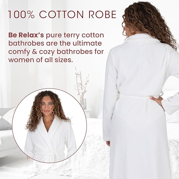 Be Relax Bathrobe for Women - Full Length Terry Cotton Robe with Shawl Collar and Hood, Warm and Cozy Robe with Belt & Pocket