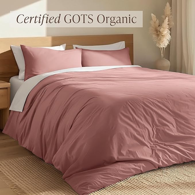 Bare Home 100% Organic Cotton Extra Long Duvet Cover Set - Crisp Percale Weave - Lightweight & Breathable - Cooling Duvet Cover Set (Twin/Twin XL, Dusty Rose)