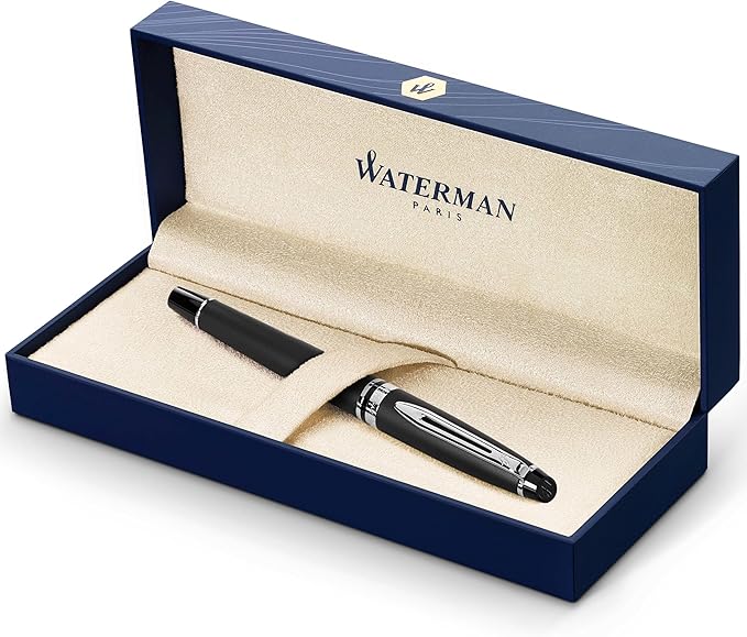 Waterman Expert Fountain Pen, Matte Black with Chrome Trim, Medium Nib with Blue Ink Cartridge, Gift Box