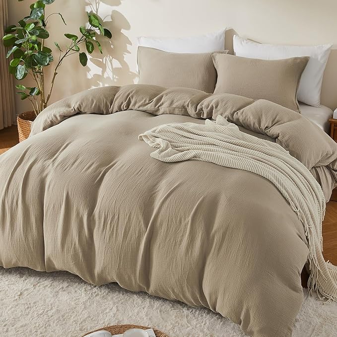 EMME Muslin Cotton Duvet Cover Set Twin Size Khaki Linen Like Soft Breathable Lightweight Summer Comforter Cover Set with Zipper Closure (Khaki, Twin, 68"x90")