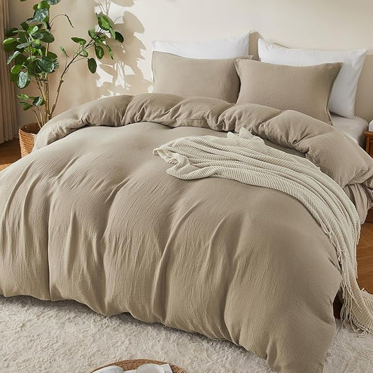 EMME Muslin Cotton Duvet Cover Set Khaki Queen Size Linen Like Soft Breathable Lightweight Summer Comforter Cover Set with Zipper Closure (Khaki, Queen, 90"x90")
