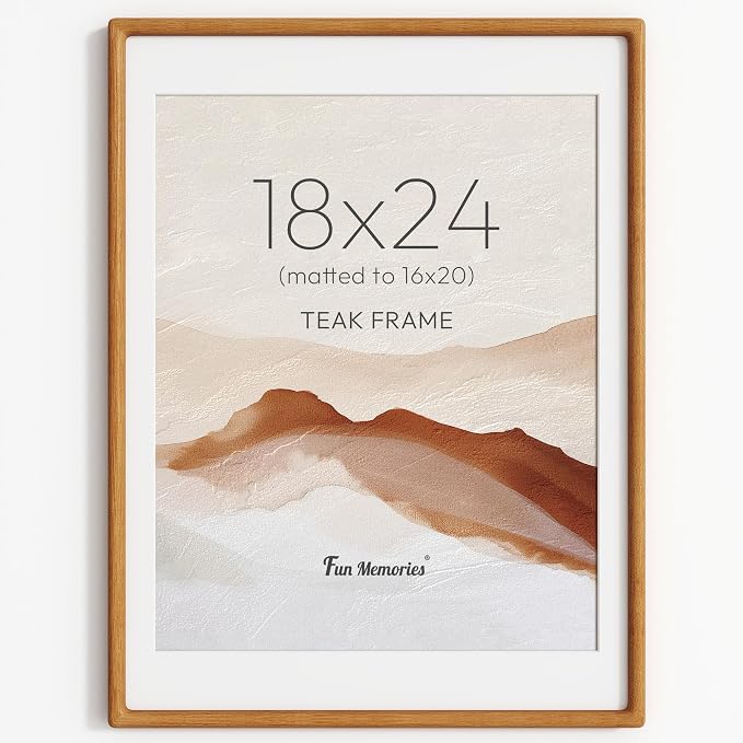 18x24 Picture Frame, USA-Sourced Teak Wood Frame 18x24, Large Poster Frame with High Tempered Glass, 18 x 24 Picture Frame Matted to 16x20 Photo for Art & Poster Display, 1 Pack