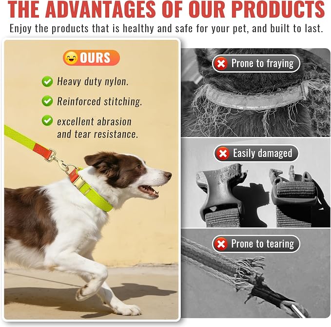 Dog Collar and Leash Set with Metal Quick Release Buckle, Adjustable, Breathable Nylon, Durable, Soft and Comfortable, No Pull for Walking and Training, Fluorescent Yellow, L (14.9"-22.8")