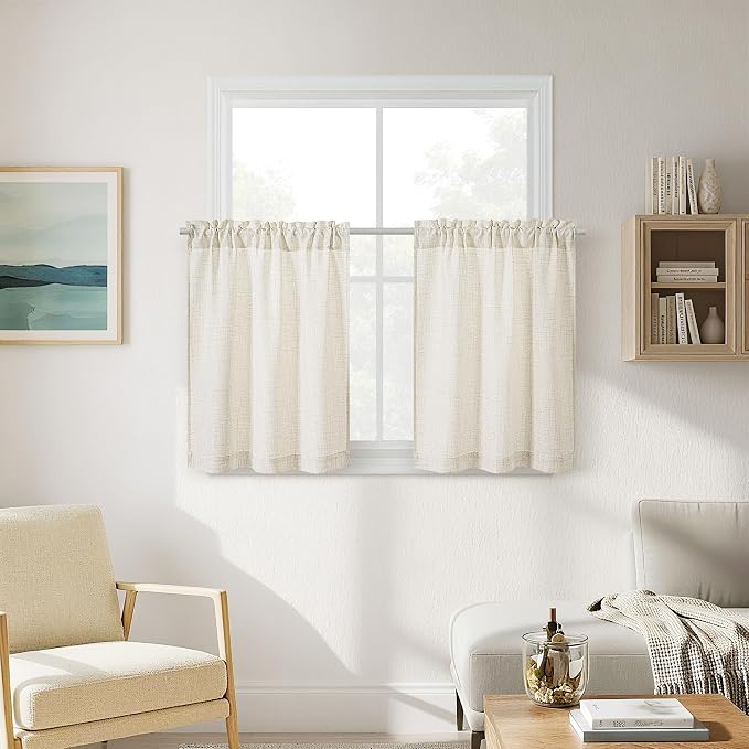 Natural Linen Cafe Curtains 30 Inch Length Semi Sheer Light Filtering Privacy Small Curtain for Kitchen Bathroom Basement Window Rod Pocket Boho Cream Short Curtains 30 Inches Long W34xL30