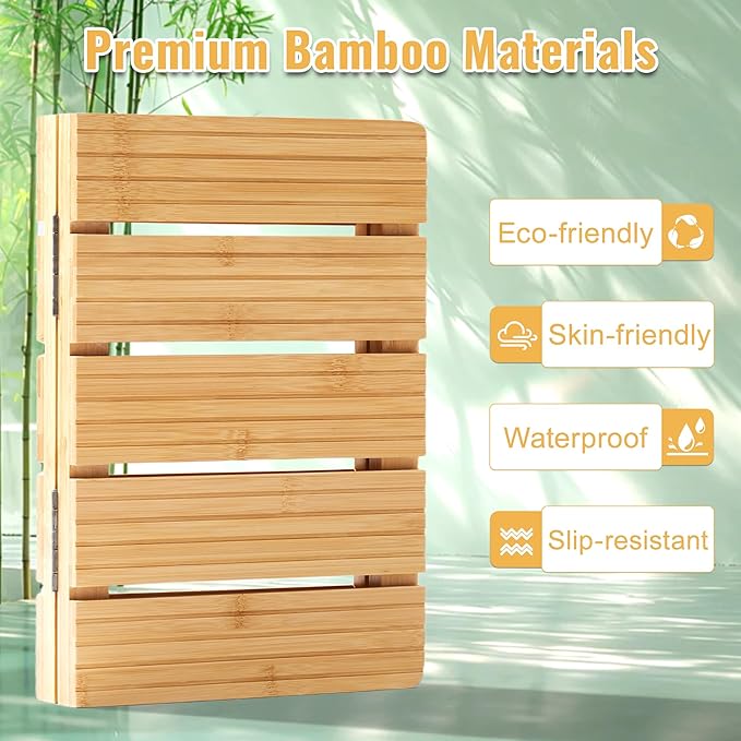 Foldable Bamboo Bath Mat for Shower, 19.68" x 14.17" in Non-Slip Wood Bathroom Rug, Quick-Dry Waterproof Carpet for Indoor Outdoor Use by Sink, Tub, Pool