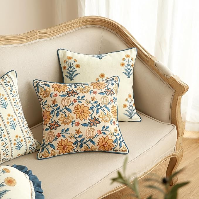 ISAENNE Design Square Simple Elegant Linen Throw Pillow Covers 18"x18" Pack of 2, Blue Yellow Floral Pattern Cushion Covers Decor Pillowcases for Bed,Living Room,Outdoor,Car