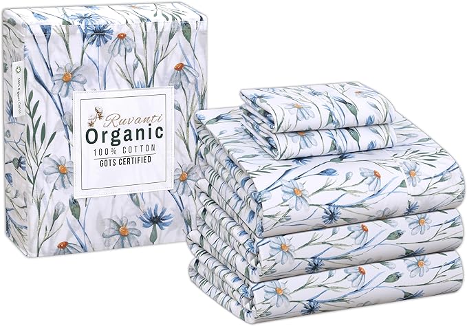 RUVANTI 100% Cotton Organic Percale Sheets Split King Size – Crisp Cooling Bed Sheets for Hot Sleepers, Deep Pocket 15”, Soft Peach Finish, Breathable & Durable Hotel-Style 5 Pcs, Daisy Bud