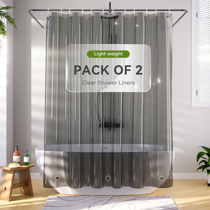 Clear Black Shower Curtain Liner 72x72, 2 Pack Lightweight Plastic Shower Liner PEVA 72 x 72 Waterproof Shower Curtains for Bathroom with 3 Strong Magnets and Rustproof Grommets