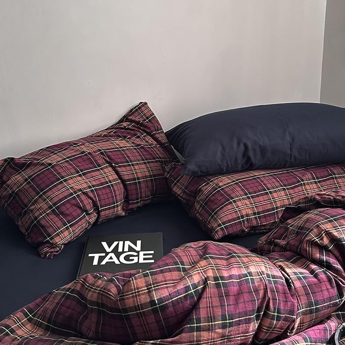 mixinni Vintage Burgundy Buffalo Plaid Comforter Cover Set King Size - 3 Piece Mid-Century Modern Washed Cotton Bedding, Soft Breathable Grid Duvet Cover with Matching Pillowcases for All-Season