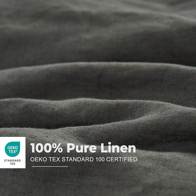 Simple&Opulence 100% Washed Linen Duvet Cover with Embroidered, 3 Pieces Soft Farmhouse Comforter Set with Button Closure,1 Duvet Cover and 2 Pillowshams(Queen,Charcoal Grey)