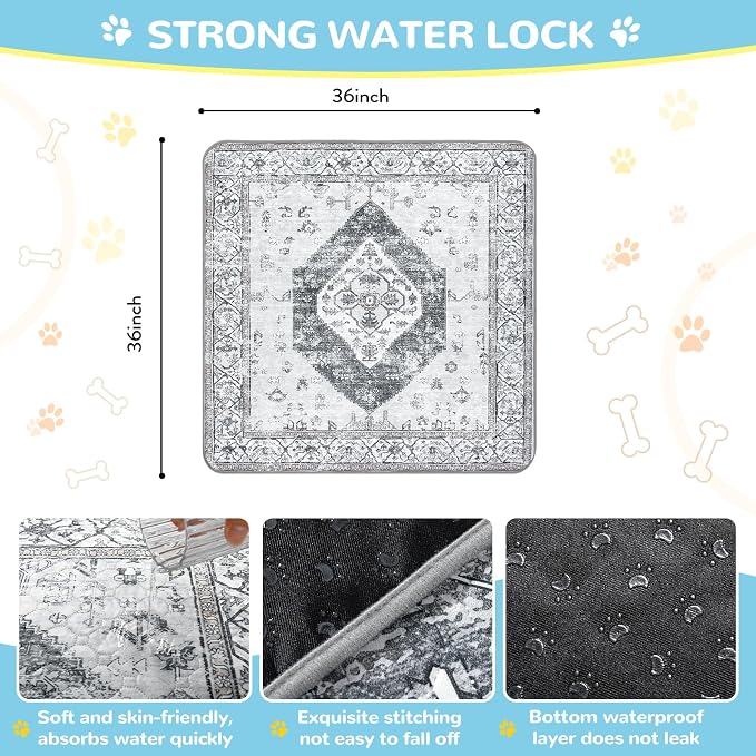 Lahome Super Absorbent Washable Pee Pads for Dogs - Secure Floor Protection - Non-Slip, Leakproof Reusable Pads for Training, Crates & Playpens (2 Pack, 36"x36", Gray)