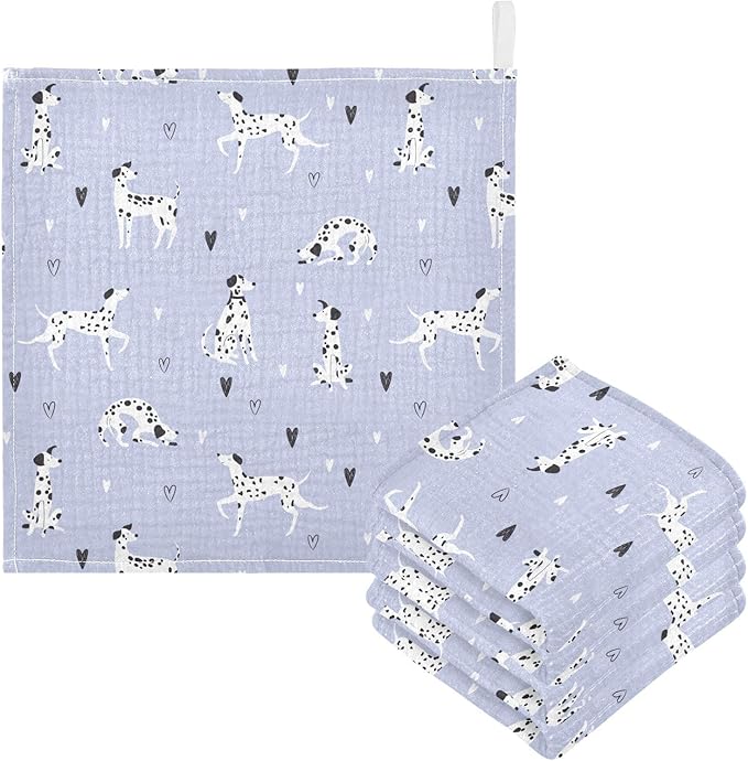 Baby Cartoon Dalmatian Dogs Msulin Washcloths Newborn Face Towel - Baby Muslin Burp Cloths 5 Pack Soft Absorbent Natural Cotton Wash Towel 11.8"X11.8" Baby Bath Towels Wipes