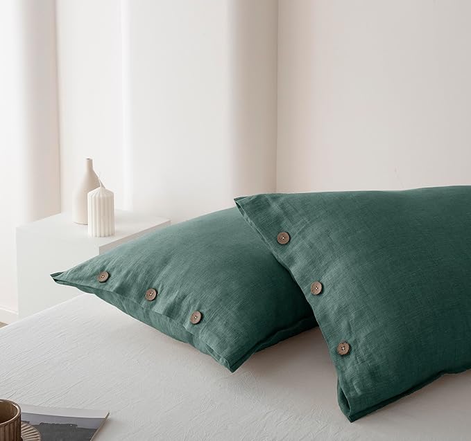 EVERLY 100% Linen Pillowcases Set of 2, French Linen from Normandy, 20X26Inch Standard Size, Natural Color, Coconut Buttons Closure, Flax Pillowshams-Pillowcase-Aqua