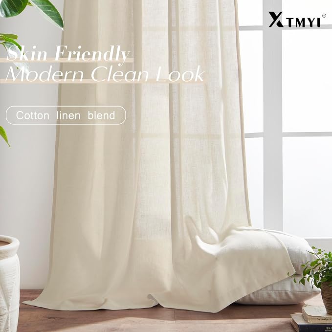 XTMYI Bathroom Window Curtains Short,Linen Sheer Boho Farmhouse Kitchen Curtains 45 Inch Length,Beige