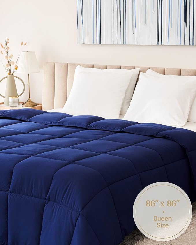 Lavish Comforts® Navy Blue Comforter – Fluffy Down Alternative Dark Blue Comforter, All-Season Queen Duvet Insert, Hypoallergenic, Machine Washable with Corner Loops