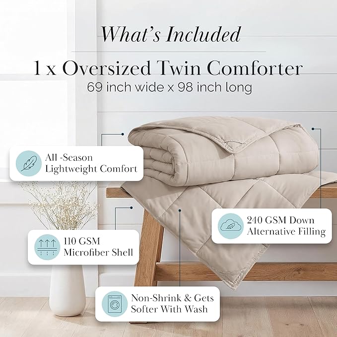 Southshore Fine Living, Inc. Twin/XL Comforter/Duvet Insert, Down-Alternative Comforter, Pet Hair Resistant Bedding Comforters, Cozy and Fluffy Comforters, Twin Size Bedspread, All Seasons, Bone