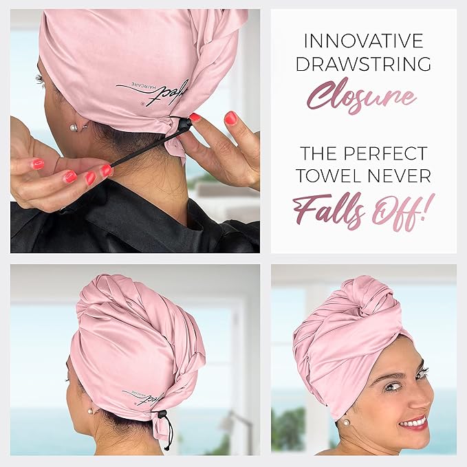 Microfiber Hair Towel Wrap for Women – Large Fast Drying Hair Towel with Patented Clip – Anti-Frizz, Super Absorbent, Silky Smooth Microfiber – Plopping Hair Wrap for Curly & Wavy Hair – 2 Pack