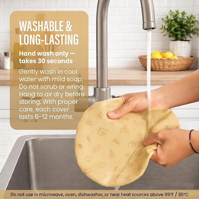 Beeswax Bowl Covers Set of 5 – Reusable Elastic Shower Caps for Sourdough Bread Proofing & Dough Rising – Washable Organic Cotton Cloth Food Storage Covers, Plastic Wrap Alternative (5.5"–13")