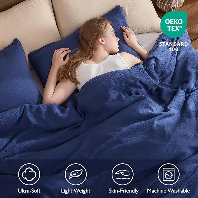 EMME Muslin Cotton Duvet Cover Set Navy Queen Size Linen Like Soft Breathable Lightweight Summer Comforter Cover Set with Zipper Closure (Navy, Queen, 90"x90")