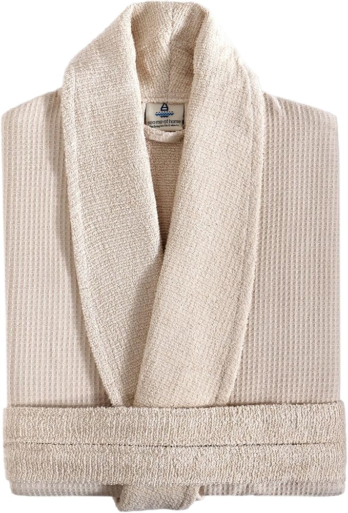 sea me at home Turkish Cotton Waffle Bathrobe, Luxury Spa Hotel Shawl Collar Robe for Women & Men, Plush Terry Inside