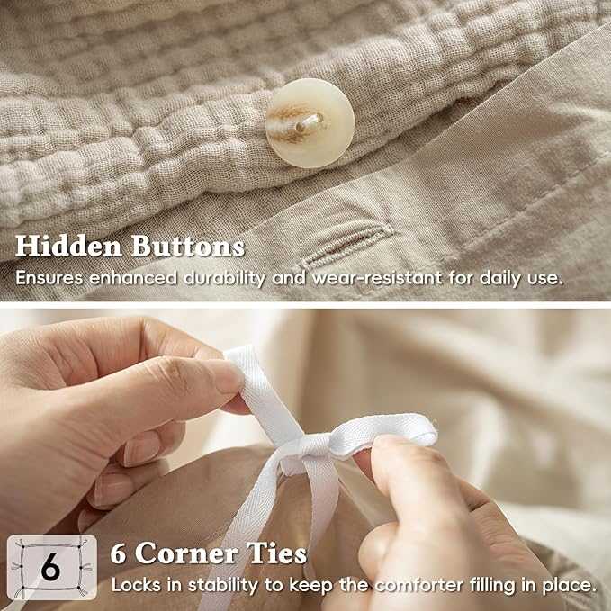David's Home 100% Cotton Muslin Duvet Cover Set Twin Size,2 Pcs Ultra Soft Breathable & Lightweight Gauze Bedding Set with 1 Pillowcase,Textured Home Decor with Button, 68"×90" Natural,No Insert