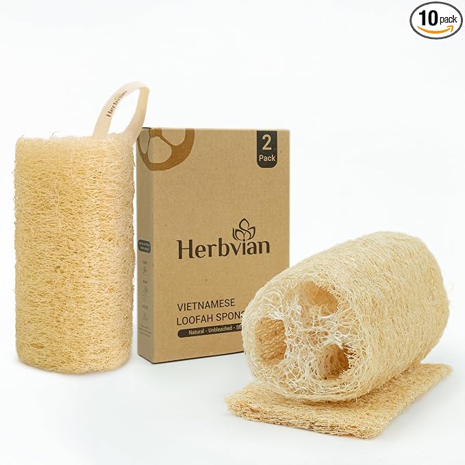 Natural Vietnamese Loofah Sponge, 100% Plant-Based Luffa Exfoliating Body Scrubber for Shower, Multi-Functional for Kitchen, Ideal for Men & Women, Spa & for Pet (2pcs/Pack)