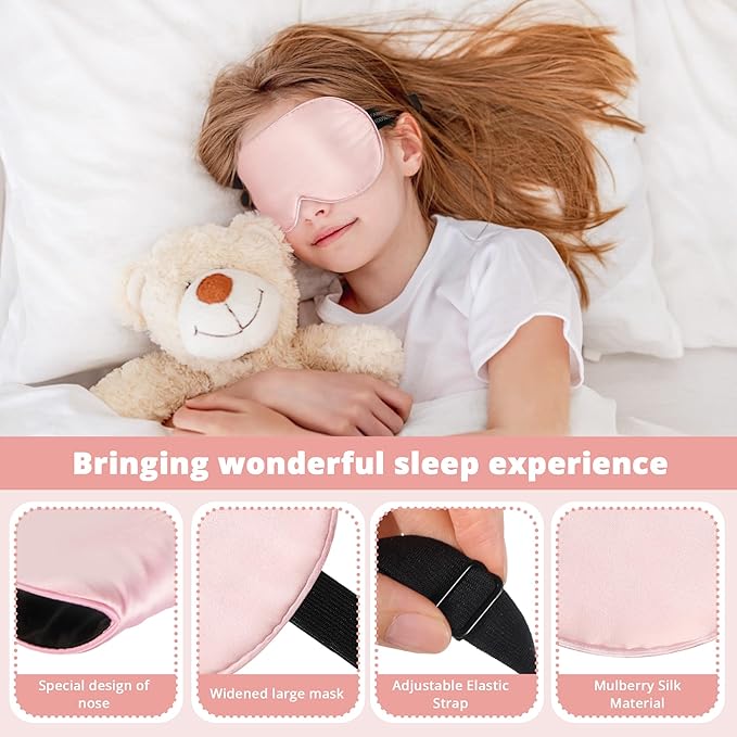 Kids Sleep Mask Eye Cover, 100% Real Natural Pure Silk Eye Mask with Adjustable Strap, Blindfold Kids Eye Mask for Sleeping, Eye Shade for Boys Girls and Adult, Pressure-Free Comfort (Pink)